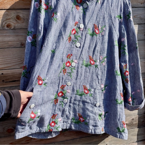 John.Mark linen button down collar loose fit embroidered top - Picture 4 of 12